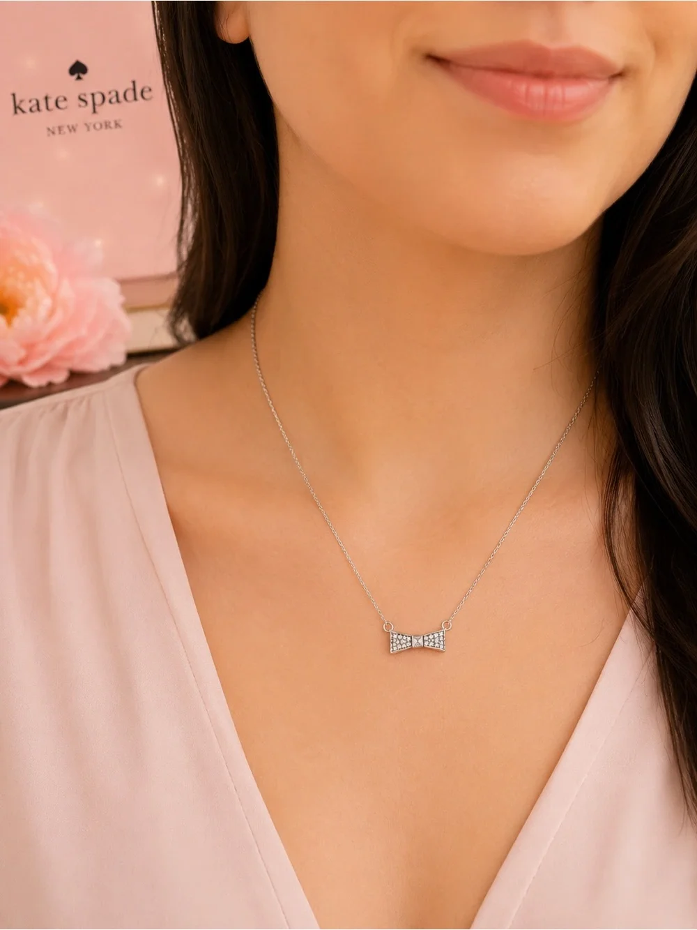Kate Spade New York Crystal Bow Necklace | Antique Silver Tone